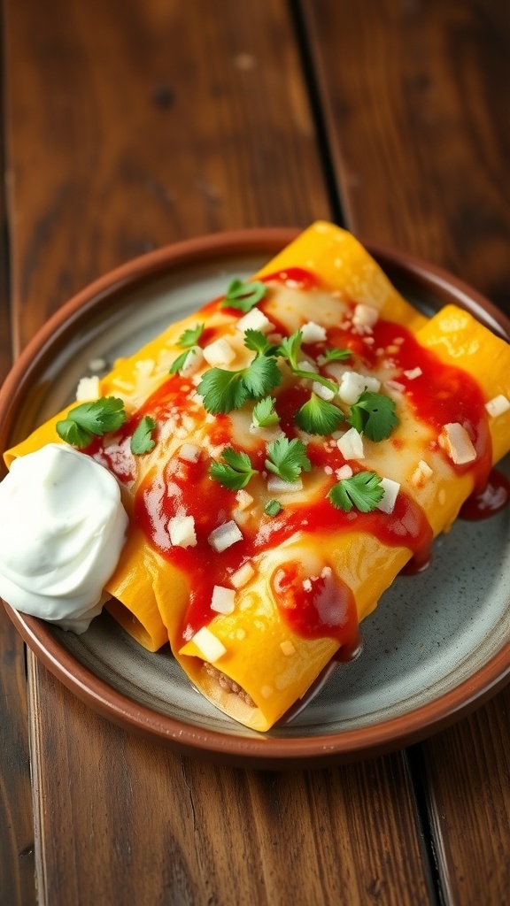 Cheesy Enchiladas with Corn Tortillas Cheesy enchiladas with corn tortillas topped with red sauce and cheese, garnished with cilantro and sour cream.